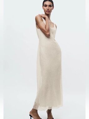 Zara ivory sequins beads sleeveless shift midi  dress
